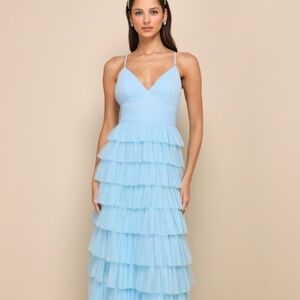 Lulus Radiant Event Light Blue Mesh Tiered Pleated Backless Maxi Dress - Size S